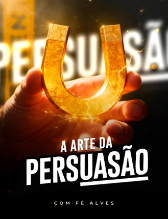 PROMPT: Course cover: a hand holding a glowing golden horseshoe magnet with sparks, big bold white condensed text 'EL ARTE DE LA PERSUASIÓN', small 'CON GABRIEL GARCIA', dark background with orange glow, 3:4 El Arte de la Persuasión
