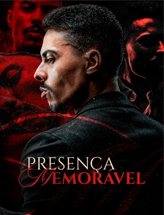 ⚠️ TROCAR POR GABRIEL GARCIA — PROMPT: Course cover: side profile of a confident 44-year-old Latino man (Gabriel Garcia) in black blazer, red and black smoky double-exposure faces behind, title 'PRESENCIA MEMORABLE' (PRESENCIA in white serif, MEMORABLE in red script), 3:4 Presencia Memorable
