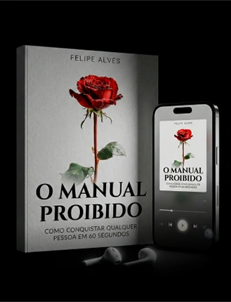 PROMPT: Product mockup on black background: white hardcover book 'EL MANUAL PROHIBIDO – Cómo conquistar a cualquier persona en 60 segundos', author 'GABRIEL GARCIA', single red rose with green stem on cover, next to a smartphone showing the same cover as audiobook player and white earbuds; dramatic soft light, 3:4 El Manual Prohibido