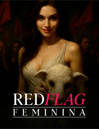 PROMPT: Course cover 'RED FLAG FEMENINA': silhouette of a woman behind a waving red flag, dark red cinematic lighting, bold white title, 3:4 Red Flag Femenina