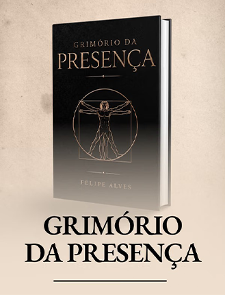 PROMPT: Cream/off-white hardcover book 'GRIMORIO DE LA PRESENCIA' with gold Vitruvian man illustration and black serif title, author 'GABRIEL GARCIA', gold foil seal 'LANZAMIENTO', on dark background, 3:4 Grimorio de la Presencia